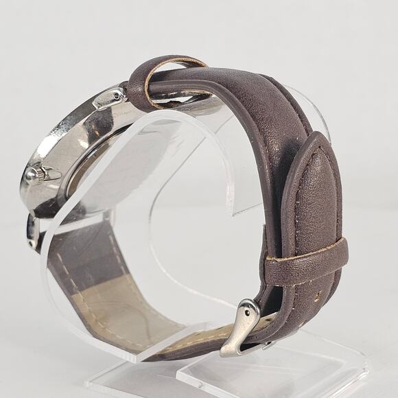 Women's Quartz Watch White Dial Brown Faux Leather Band Silver Case 40mm - Picture 11 of 12